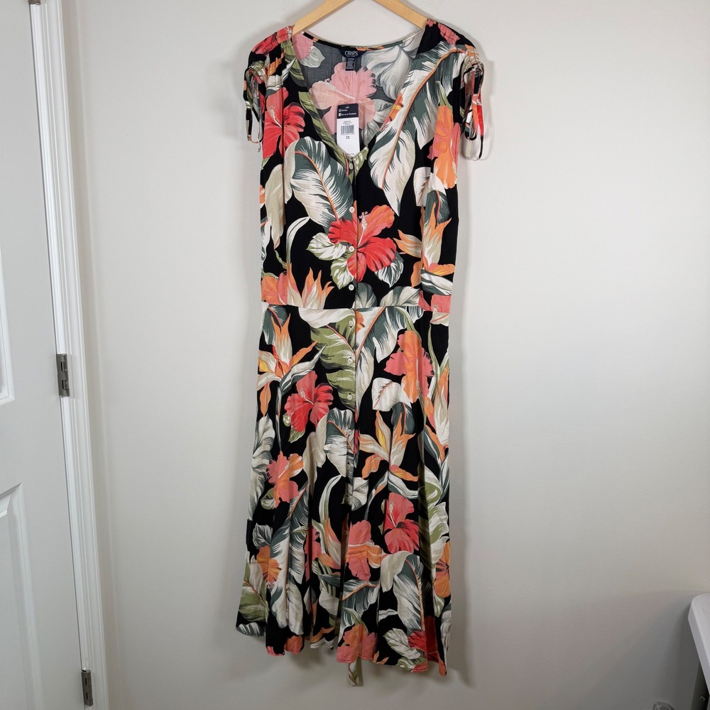 NEW Chaps Summer‎ Tropical Button Front Maxi Dress 2X Floral Hibiscus Tie Waist